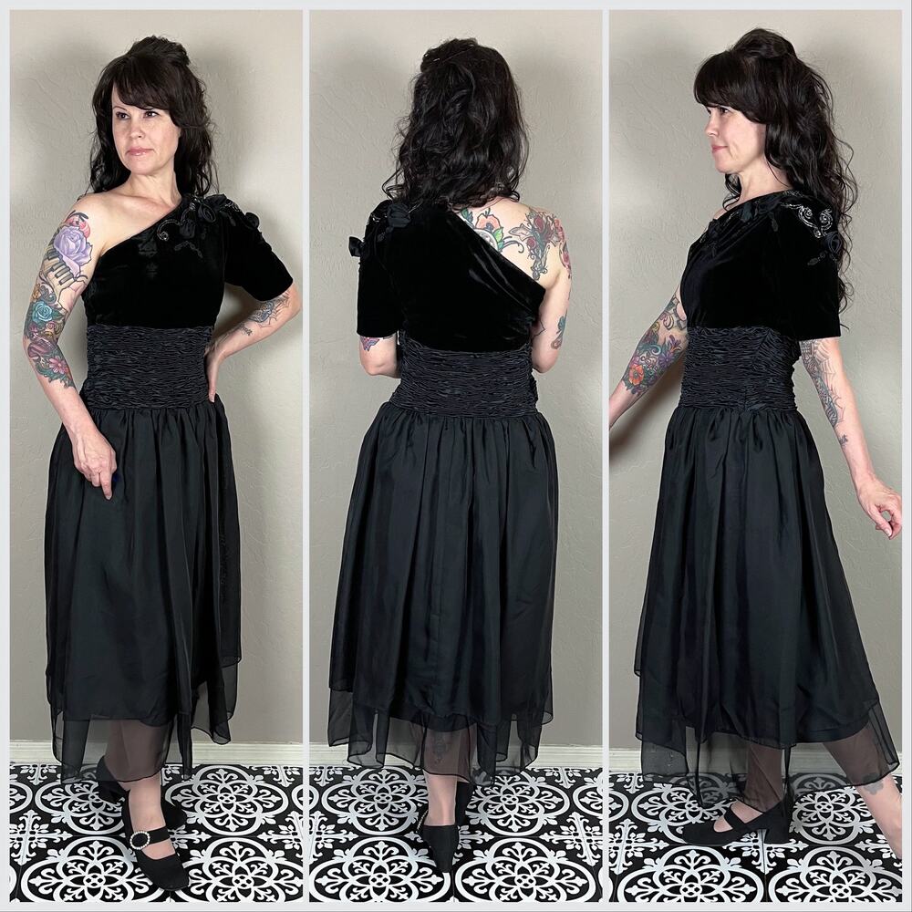 Vintage 1960s Black Velvet One Shoulder Beaded Midi Dress - Picture 3 of 9